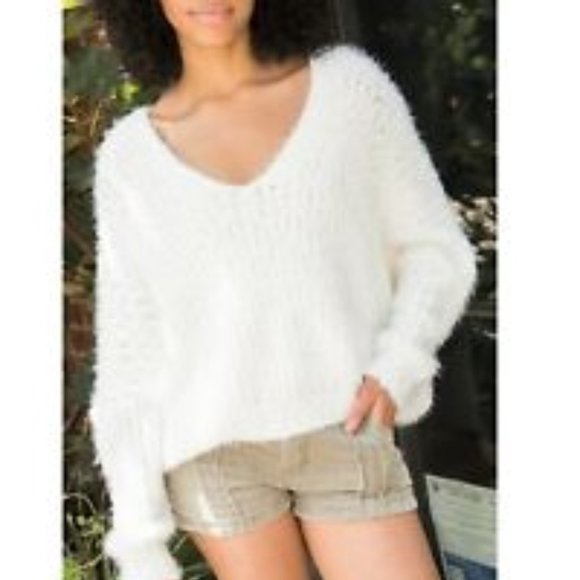 Pol Oversized V Neck Fuzzy Sweater 